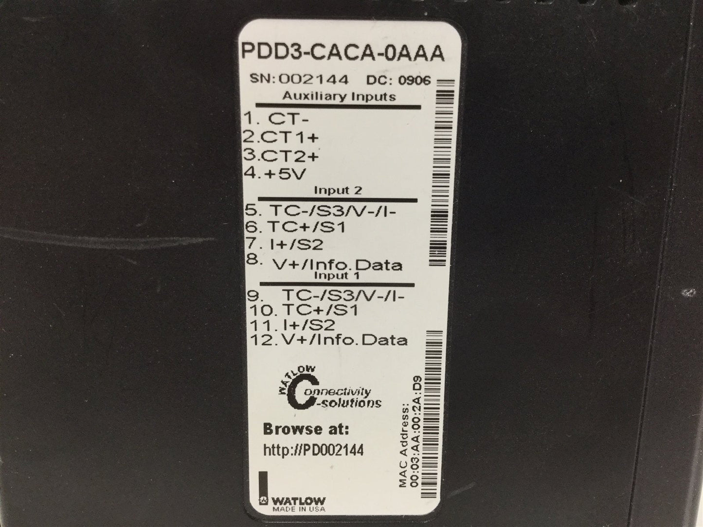 Used Watlow PDD3-CACA-0AAA PID Controller, Supply: 24-28VAC/DC 50/60Hz 14VA Max