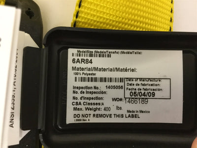 Used Miller 6AR84 Full Body Harness, Capacity: 400 lbs, Color: Yellow, Size: L/XL