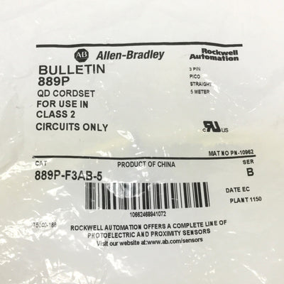 New Allen Bradley 889P-F3AB-5 Cordset Sensor Cable 3-Pin Pico to Flying Leads, 5m