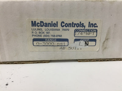 Used McDaniel Controls AB 50111 Pressure Gauge, Range: 0-3000psi, Connection 1/4" NPT