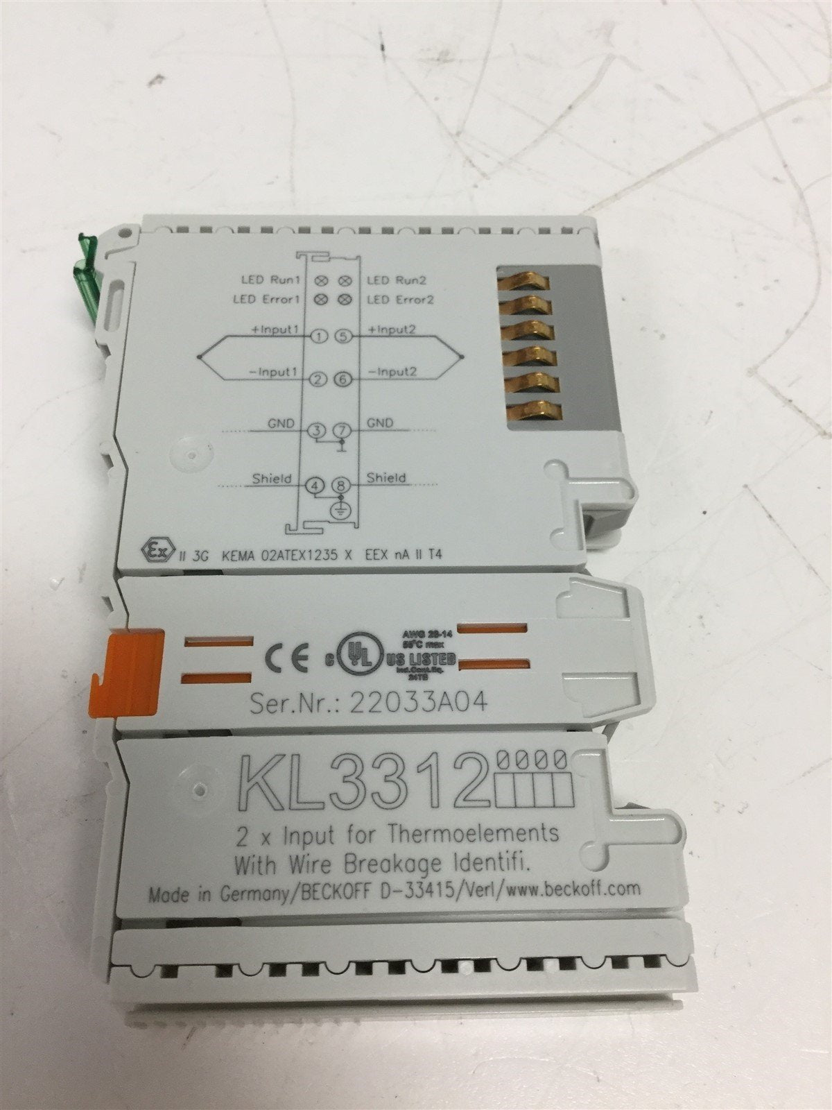 Used Beckhoff KL3312 2-Channel Thermocouple Input Terminal W Open-Circuit Recognition