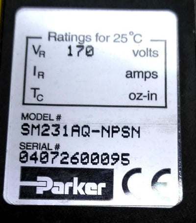 Used Parker SM231AQ-NPSN Servo Motor, NEMA23, 3/8" Shaft, 3.8 lb-in Torque, 170V 2.1A