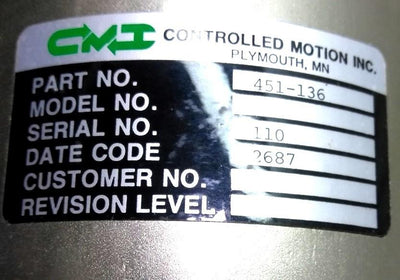 Used Controlled Motion Inc. 451-136 Air Cooled Servo Motor, 1/2" Shaft, 3 1/8" Mount