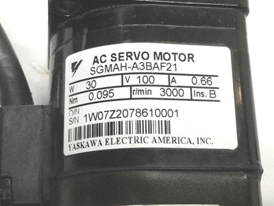 Used Yaskawa SGMAH-A3BAF21 AC Sigma II Servo Motor, 30W, 100V, 6mm Shaft Dia