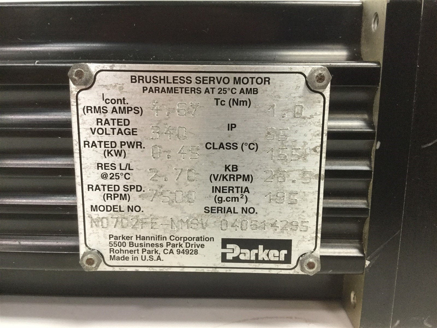 Used Parker N070FE-NMSV Brushless Servo Motor, Voltage: 340V Torque: 1.0 Nm 7500 RPM