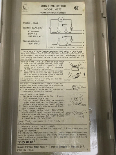 Used Tork 4277 Hourmaster Defrost Time Switch Control Module 120VAC DPDT 60min/24Hr
