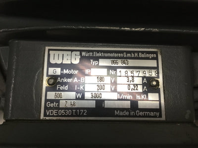 Used WEG 066 843 Gear Motor, Arm: 180VDC 3.8A Shunt: 200VDC 0.22A, 500W, 3000RPM