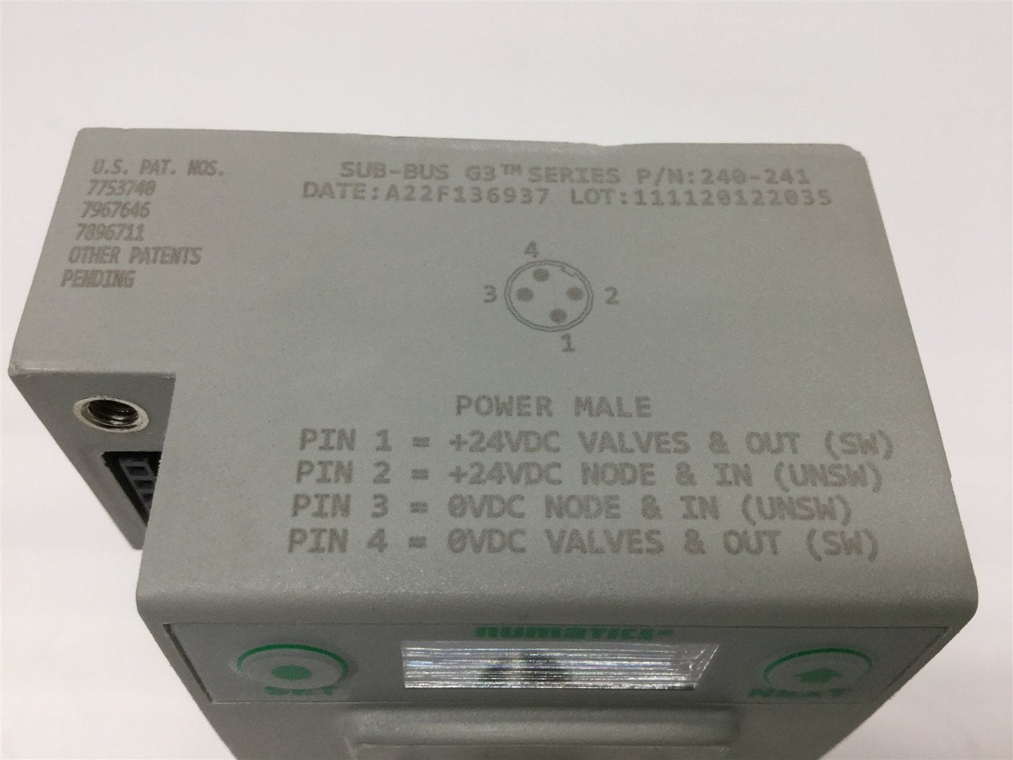 Used Numatics 240-241 Sub-Bus Valve Input and Aux Power G3 Manifold Module, 24VDC