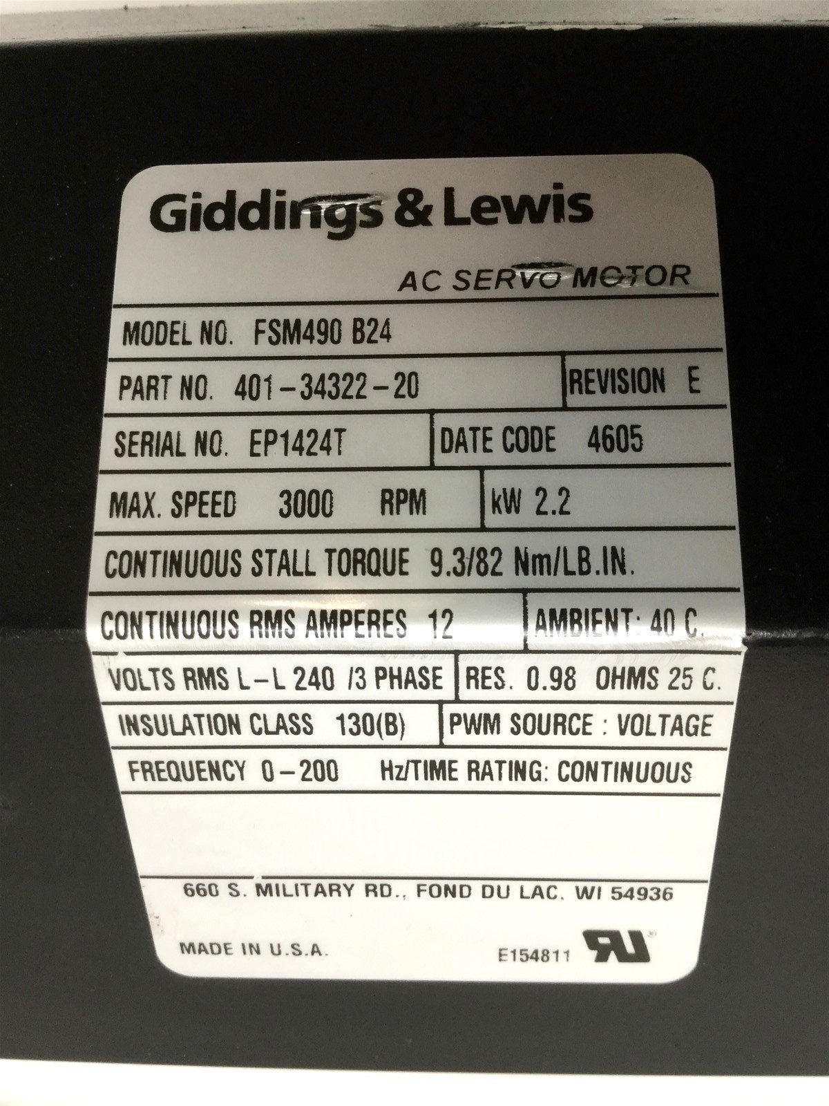 Used Giddings & Lewis FSM490-B24 AC Servo Motor 401-34322-20, 240VAC 3-PH, 3000RPM