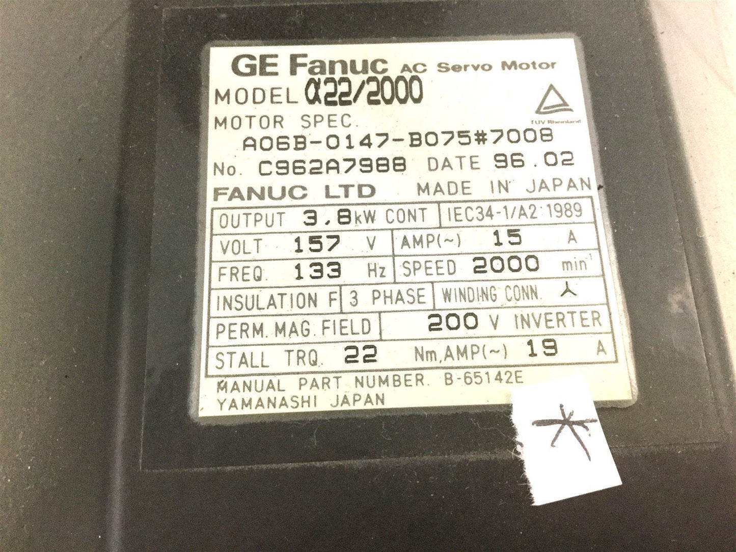 Used GE Fanuc A06B-0147-B075 AC Servo Motor, 2000RPM, Torque: 22, 15A, 157V, 133Hz