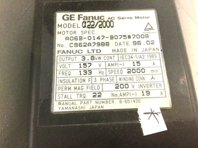 Used GE Fanuc A06B-0147-B075 AC Servo Motor, Torque: 22, 15A, 157V, 133Hz, 2000RPM