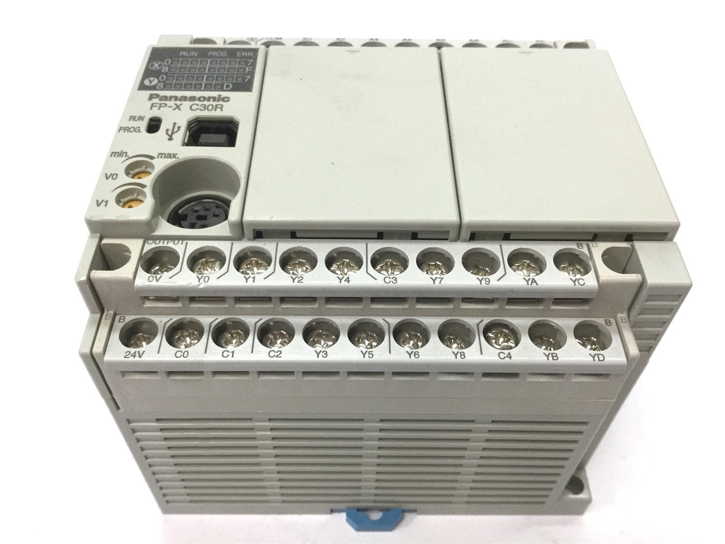 Used Panasonic AFPX-C30R PLC, 16x Inputs, 14x Relay Outputs, *Broken DIN Rail Mount*