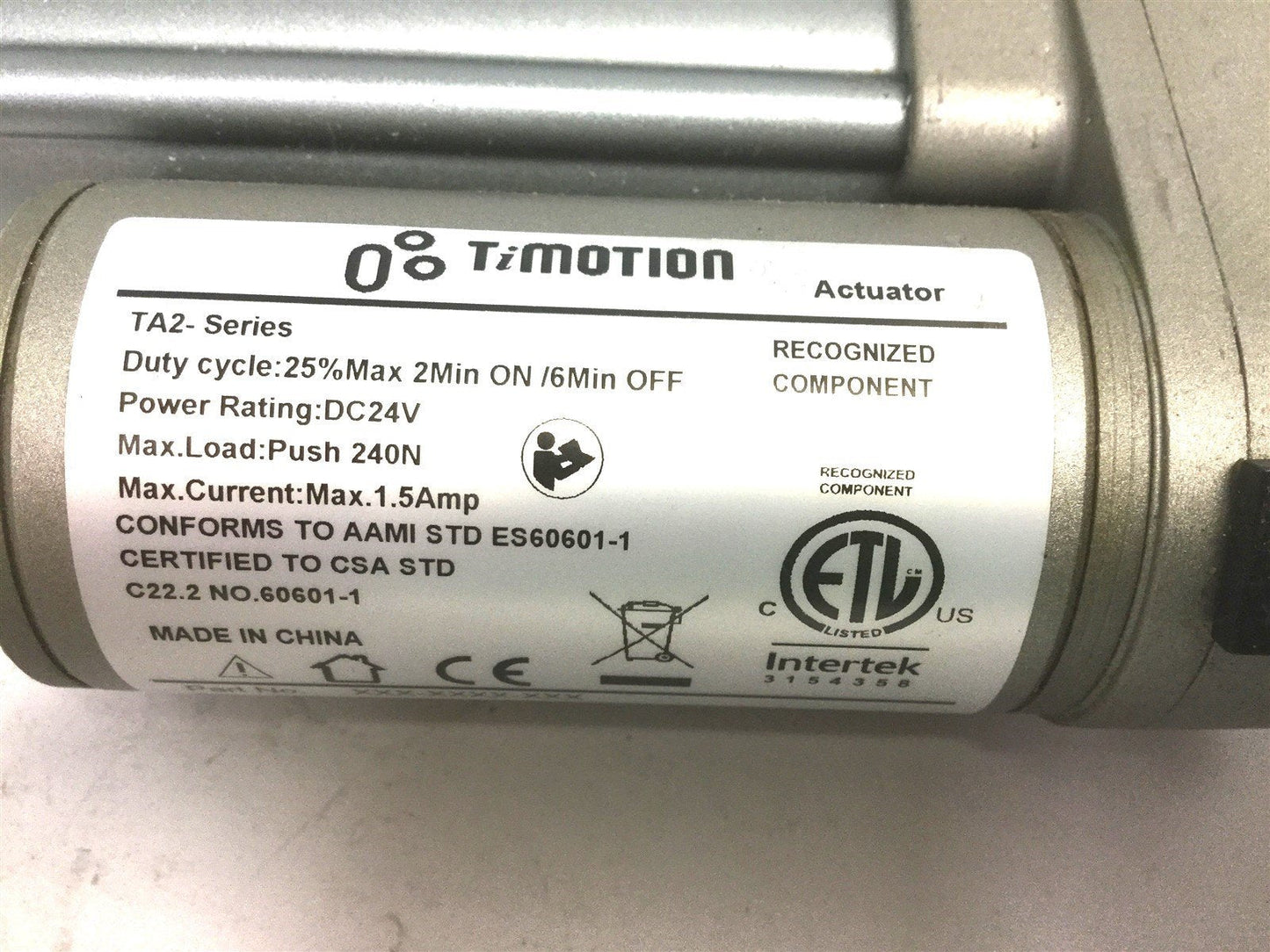 Used Timotion TA2-5B-115220-1113-0AA-1 Linear Actuator, Voltage: 24VDC, Stroke: 115mm