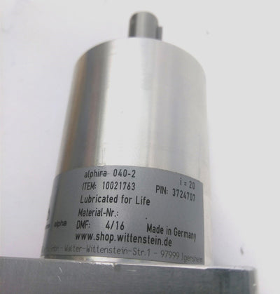 Used Wittenstein Alphira 040-2 Planetary Gear Head, 20:1 Ratio, 10mm Shaft, Input 6mm