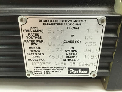 Used Parker N0703GE-NMSV NeoMetric Brushless Servo Motor, 340VDC, 7500 RPM, 1.5 Nm