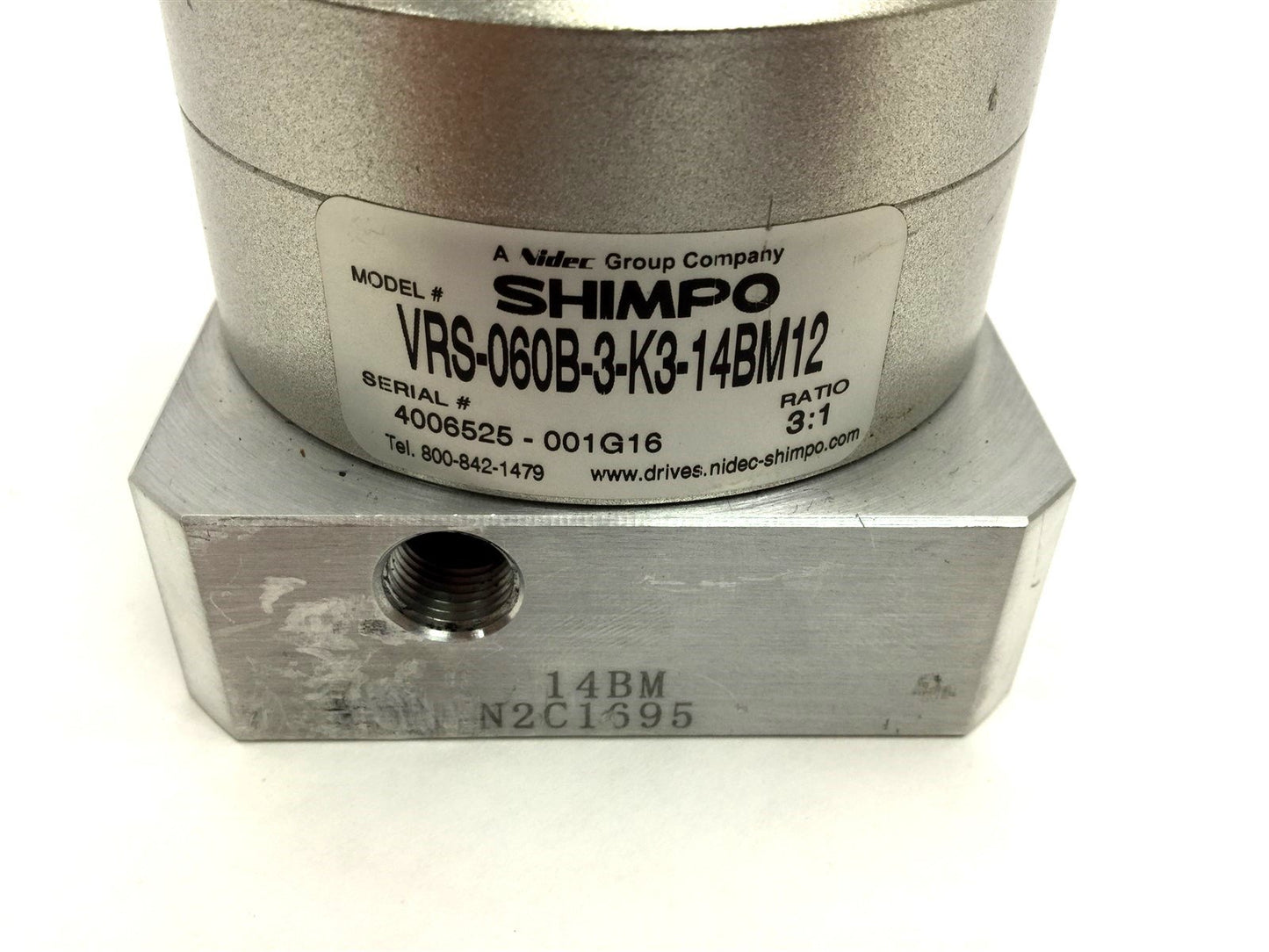 Used Shimpo VRS-060B-3-K3-14BM12 Gearhead Reducer Ratio 3:1 Shaft: 6.3" Coupling 5.5"