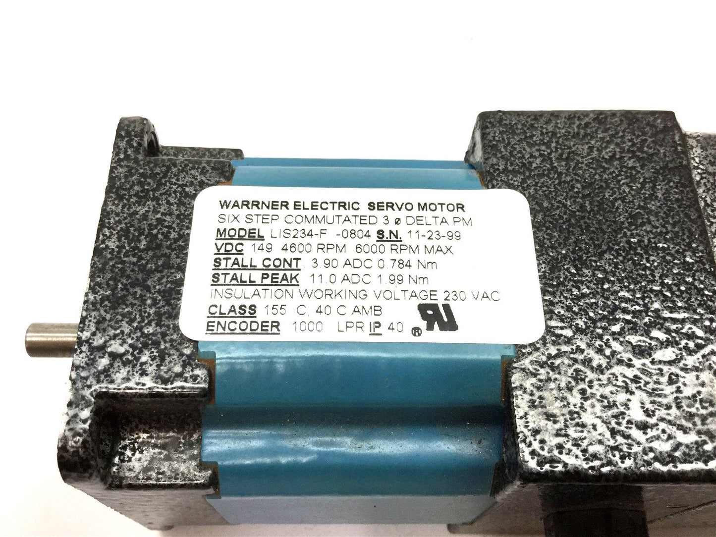 Used Warrner Electric LIS234-F-0804 Servo Motor, Voltage: 149VDC, Shaft: 0.25"