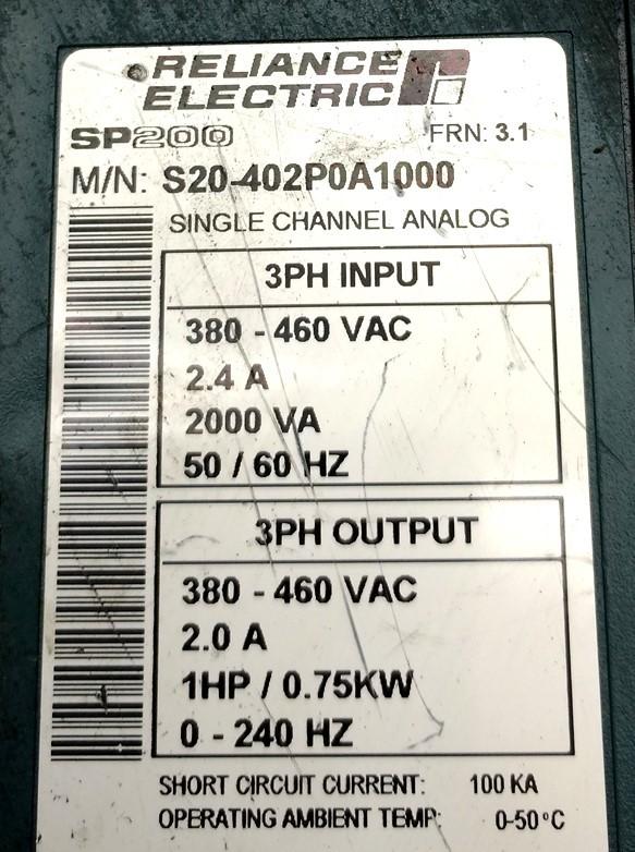 Used Reliance S20-402P0A1000 AC Motor Drive, 1HP, Out: 460VAC 2A 3PH, In: 380-480VAC