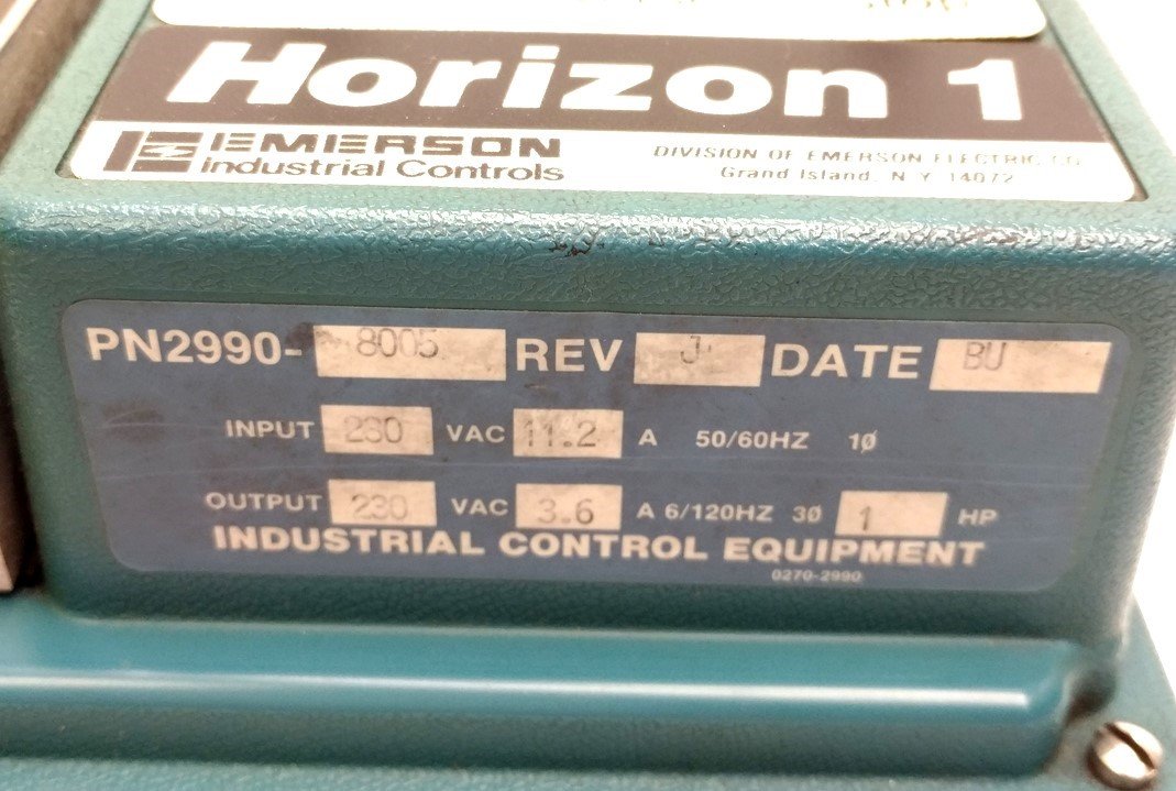 Used Emerson 2990-8005 Horizon 1 AC Motor Drive, 1HP, Out: 230VAC 3.6A 3PH In: 230VAC