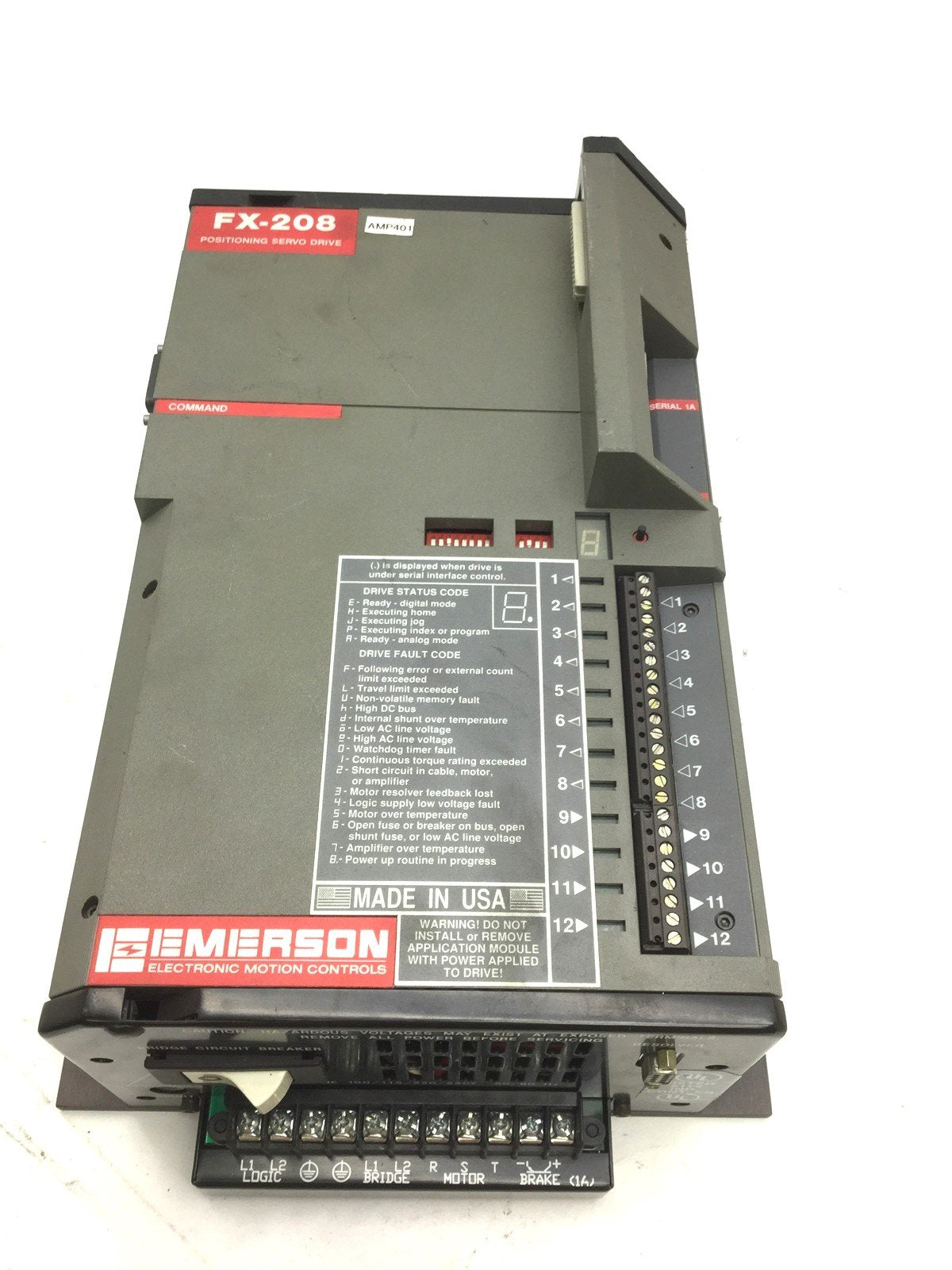 Used Emerson FX-208 Positioning Servo Drive In: 240VAC 60Hz Out: 240V 16KHz *Cracked*