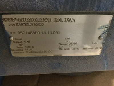 Used Sew Eurodrive KA97BR57AM56 Helical-Bevel Gearbox, Ratio: 3108.0:1, 0.45 RPM