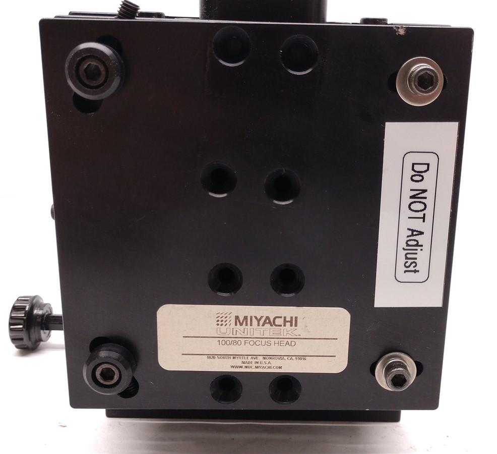 Used Miyachi Unitek 100/80 Focus Head, Dual Axis 1.5" Travel, Dimensions: 4" x 4"