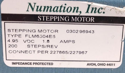 Used Numation FLM6304E5 Stepping Motor, Nema 23, 4.95VDC, 1.8 Amps, 200 Steps/Rev