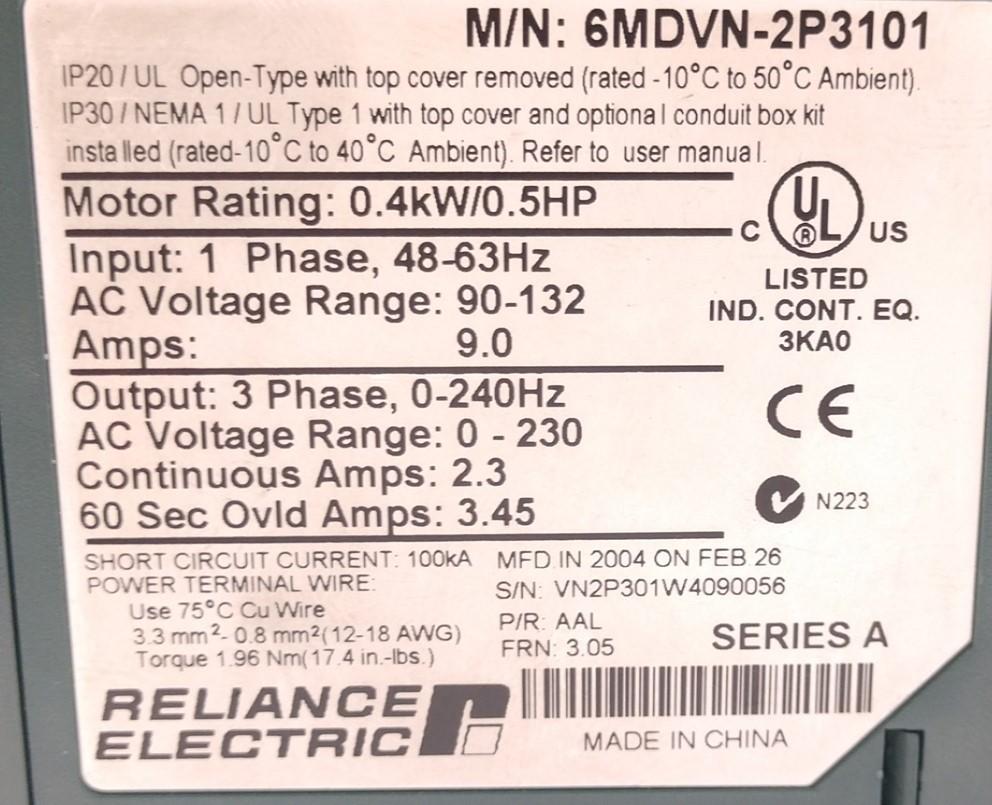 For Parts Reliance Electric 6MDVN-2P3101 MD 60 AC Drive, Max Voltage: 132VAC, *For Parts