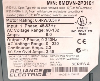 For Parts Reliance Electric 6MDVN-2P3101 MD 60 AC Drive, Max Voltage: 132VAC, *For Parts