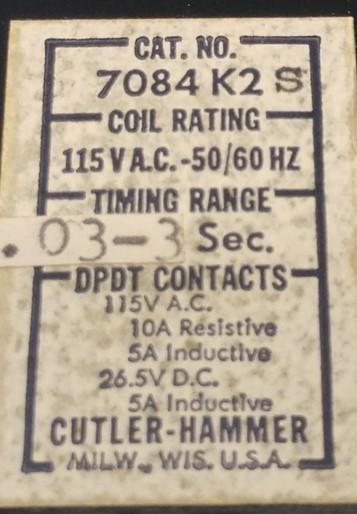 New Other Cutler Hammer 7084K2S DPDT Contact Relay .03-3 Seconds, 115VAC 50-60Hz, 10A Max