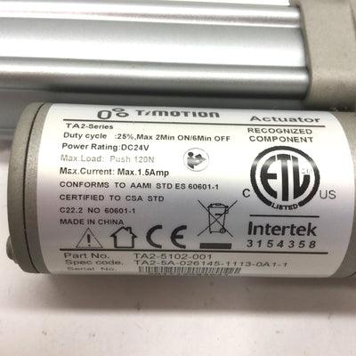 Used Timotion TA2-5A-026145-1113-0A1-1 Linear Actuator, Voltage: 24VDC, Stroke: 26mm