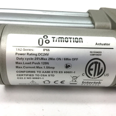 Used Timotion TA2-5A-115220-1113-013-3 Linear Actuator, Voltage: 24VDC, Stroke: 115mm