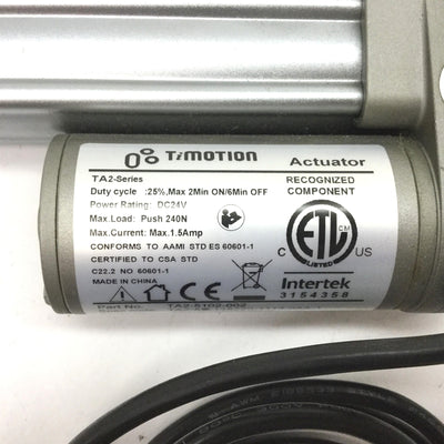 Used Timotion TA2-5B-115220-1113-0AA-1 Linear Actuator, Voltage: 24VDC, Stroke: 115mm