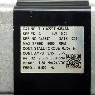 Used Allen Bradley TLY-A220T-HJ64AN Servo Motor 0.50" Shaft 6000 RPM 0-400Hz NEMA 23