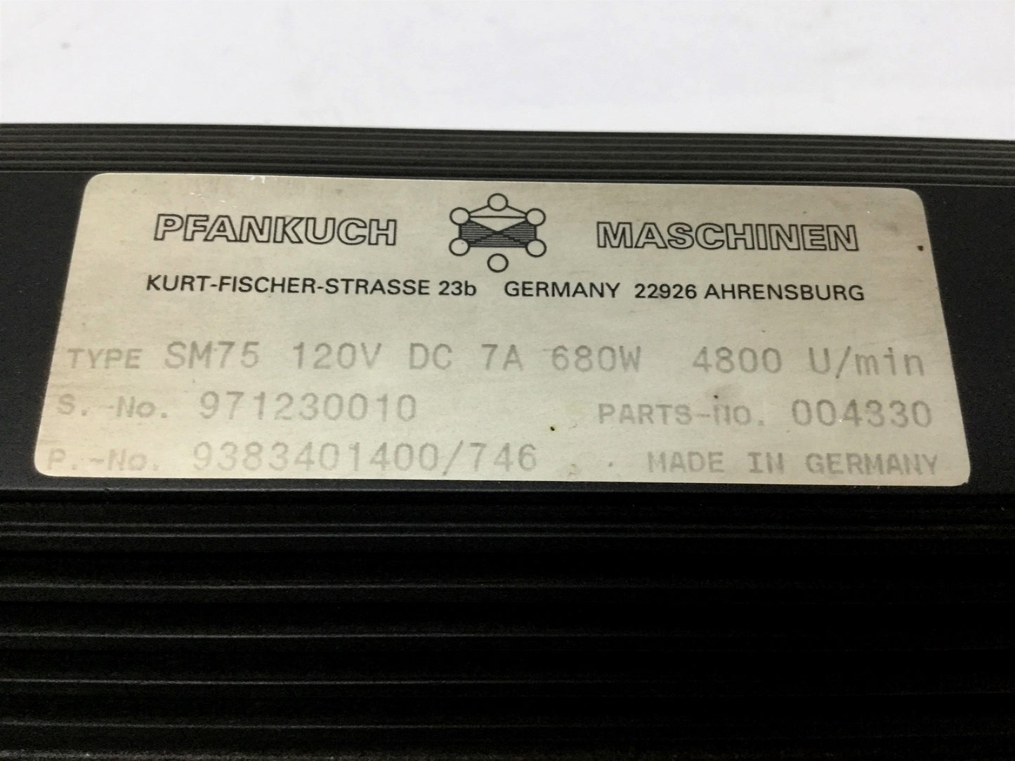 Used Pfankuch SM75 Brushless DC Servo Motor 120V 7A 4800RPM from ES-450 Hole Punch