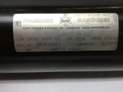 Used Pfankuch GP 86 Permanent Magnet DC Loader Feeder Motor 170VDC 2A 300W 3000RPM