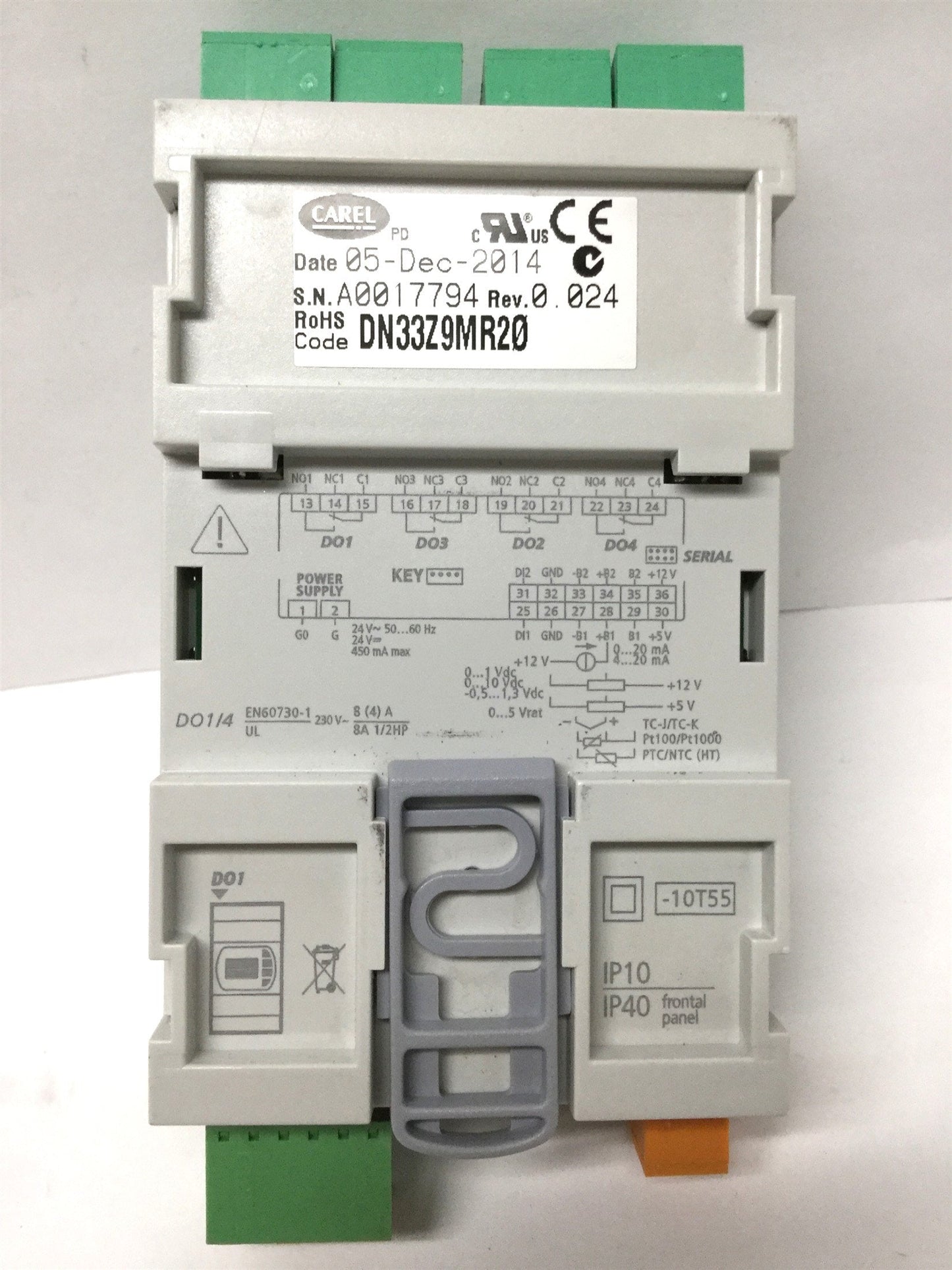 Used Carel DN33Z9MR20, IR33 DIN Universal Temperature Controller, 4-Relay, 24V AC/DC