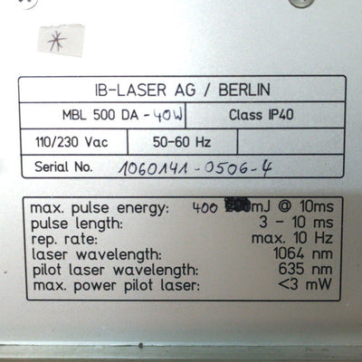 Used IB Laser AG/Berlin MBL-500-DA-40W Fiber Optic Laser 40W 1064nm 400mJ 110/230VAC