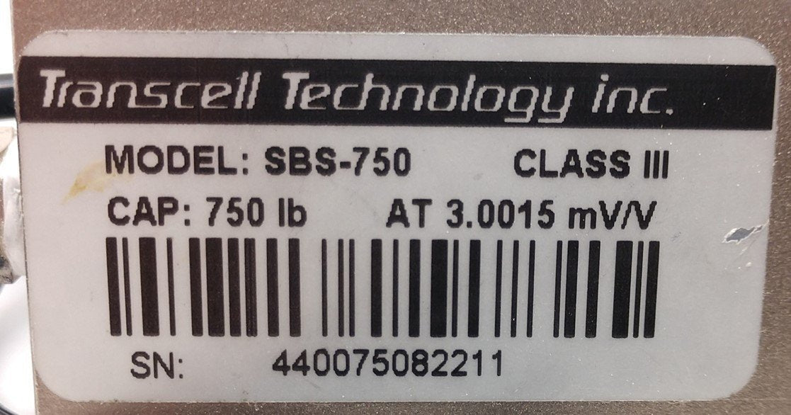 Used Transcell Technology SBS-750 Class 3 Single End Shear Beam Load Cell Max: 750lbs