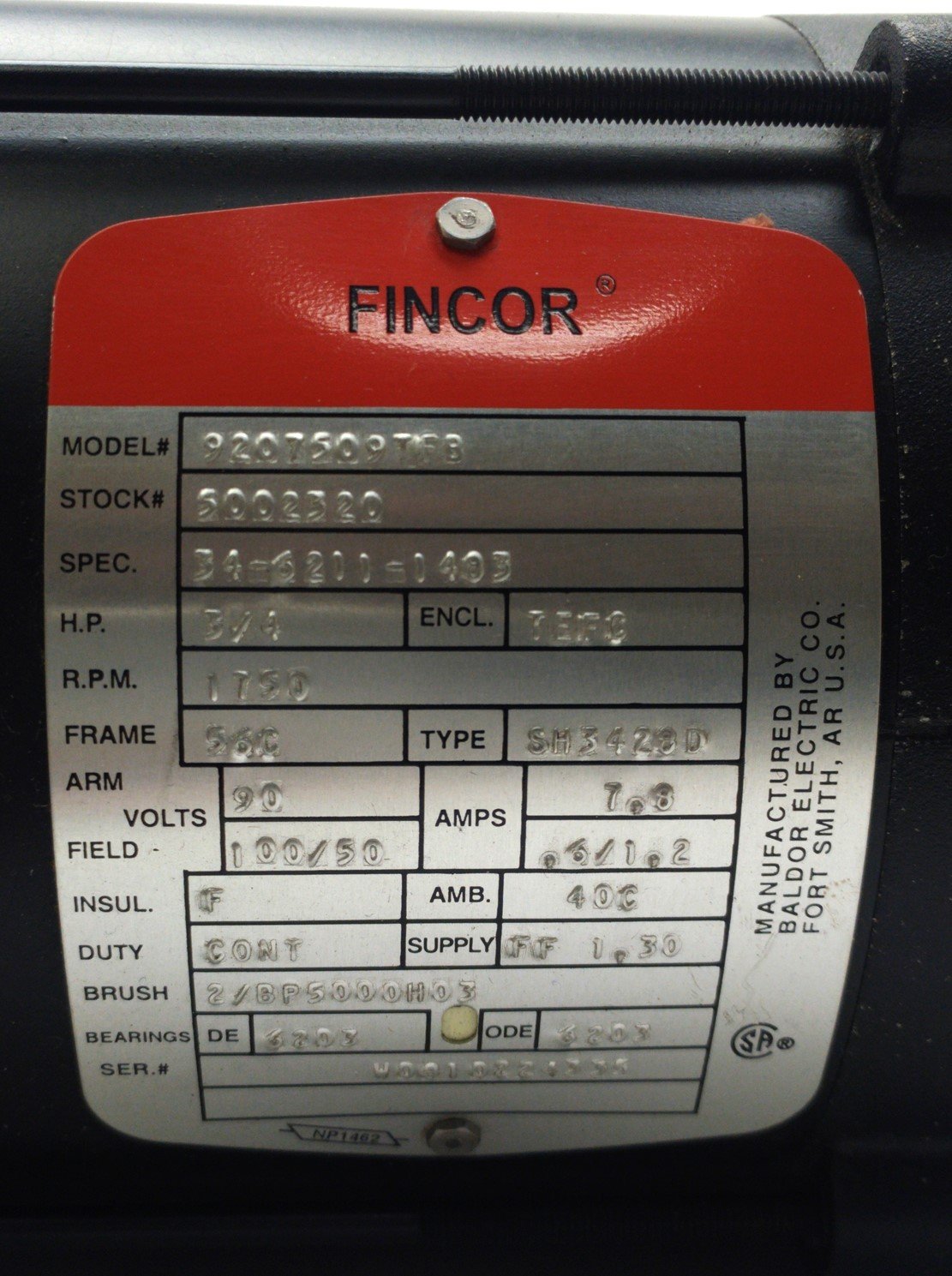 Used Fincor 9207509TFB DC Motor, 56C Frame, 3/4HP, 1750RPM, 5/8" Shaft, 90VDC