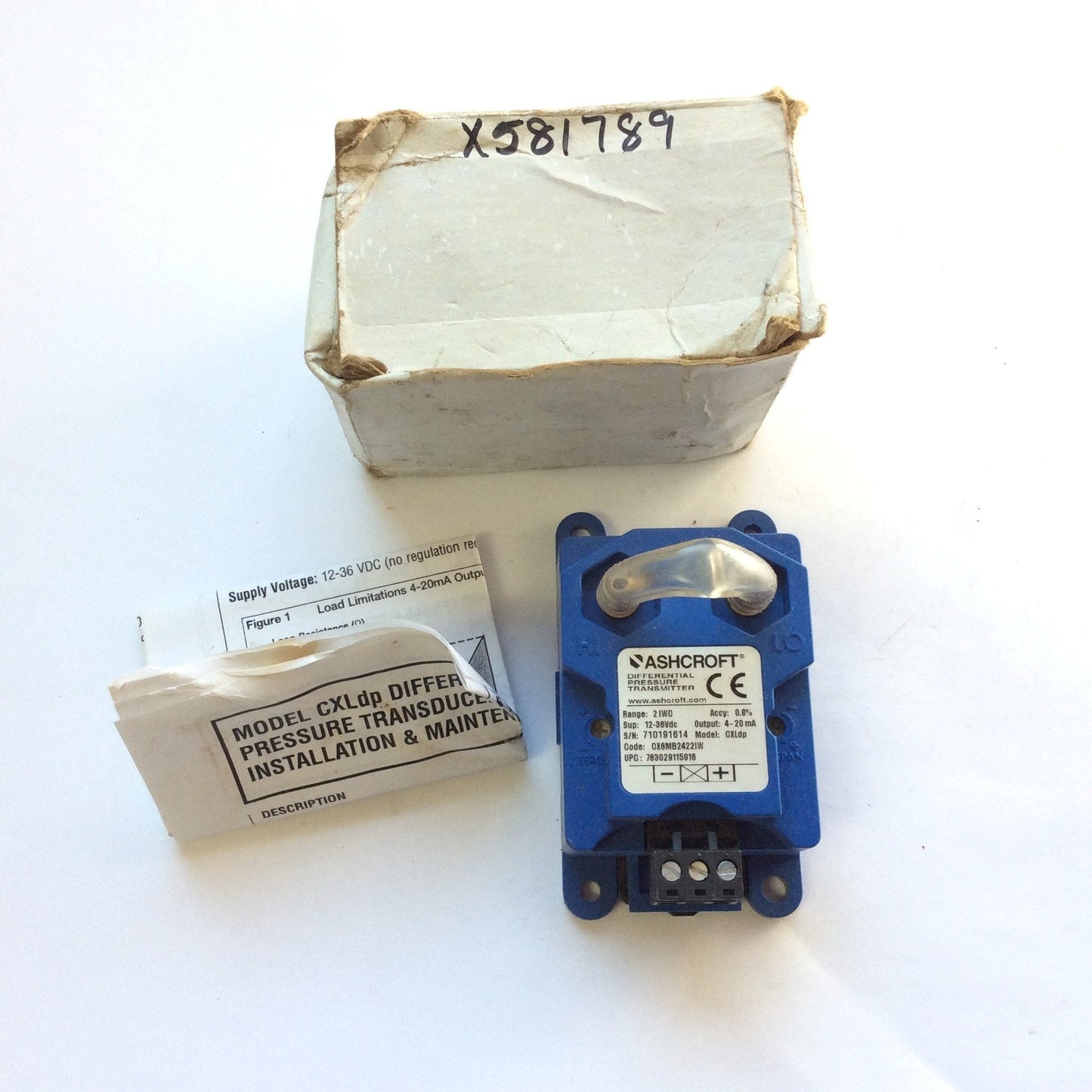 New Other Ashcroft CX8MB2422IW Pressure Transducer, Output: 4-20mA, 2 IWC, 1/4 Barbed Male