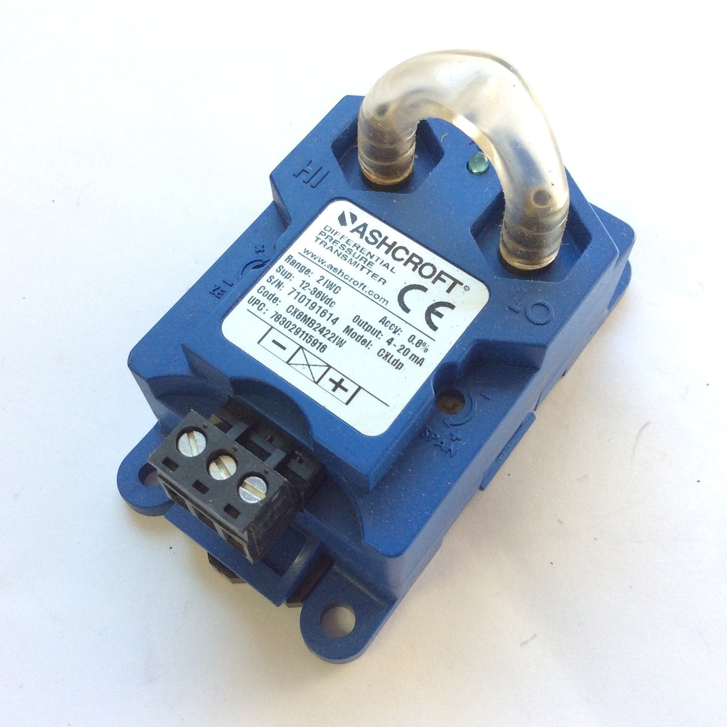 New Other Ashcroft CX8MB2422IW Pressure Transducer, Output: 4-20mA, 2 IWC, 1/4 Barbed Male