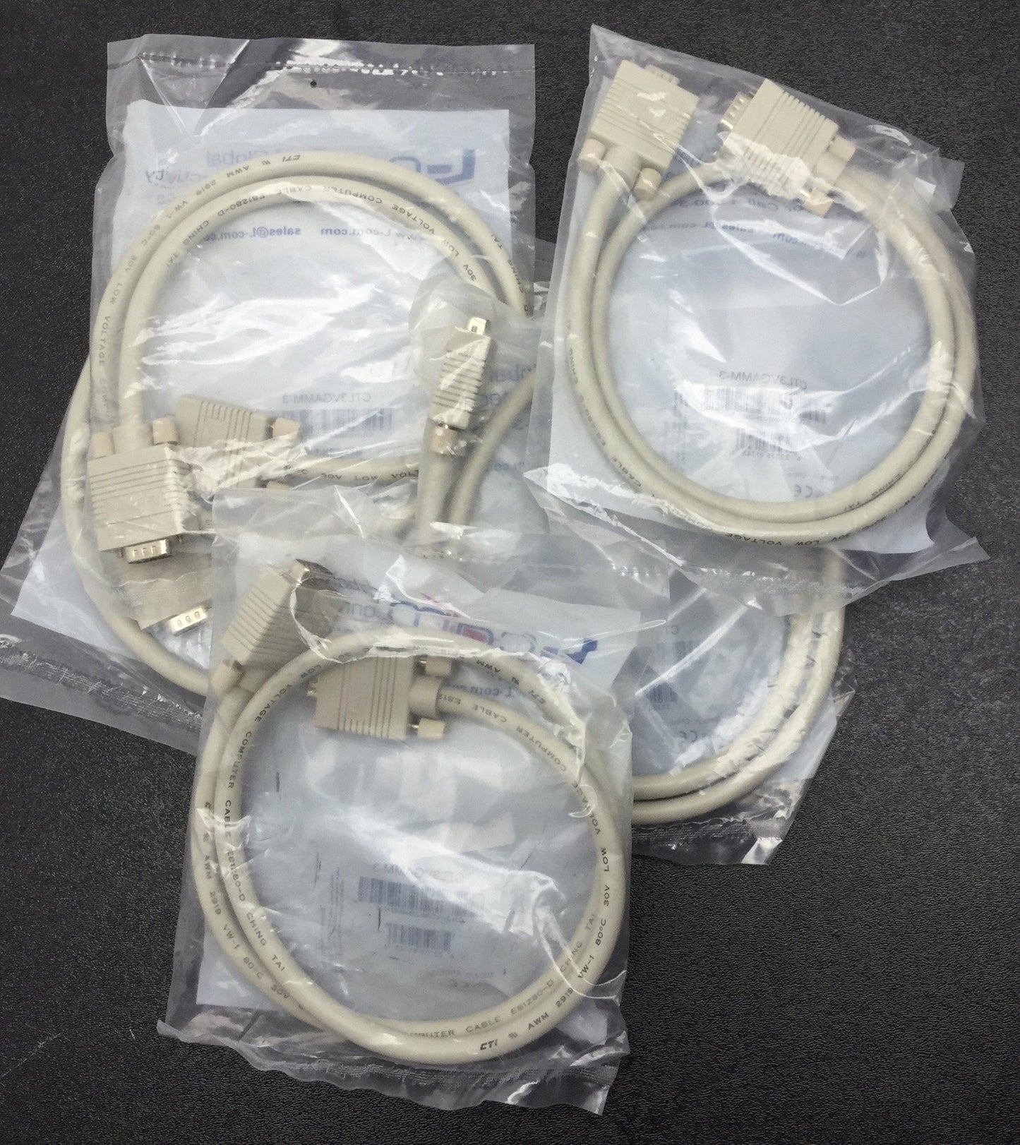 New Lot of 5 New L-Com CTL3VGAMM-3 SVGA Video Cable, Male to Male, Gray, 3' Long