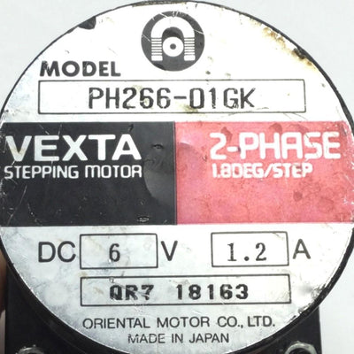 Used Vexta PH266-01GK Stepper Motor, Voltage: 6VDC, Current: 1.2A W/2GK18KA Gear Head