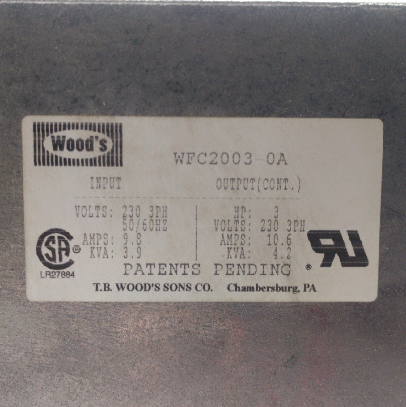 For Parts Wood's WFC2003-0A AC Motor Drive, 3HP, In: 230VAC Out: 230VAC 4.2KVA *Fault F07*