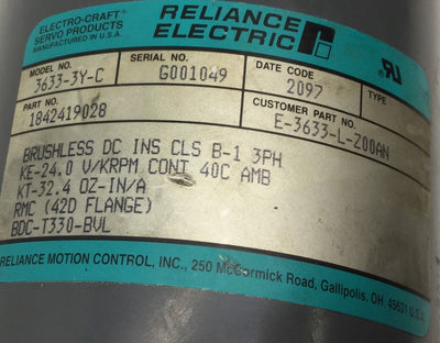 Used Reliance Electric 3633-3Y-C Brushless DC Servo Motor, 24VDC 32.4oz-in Torque