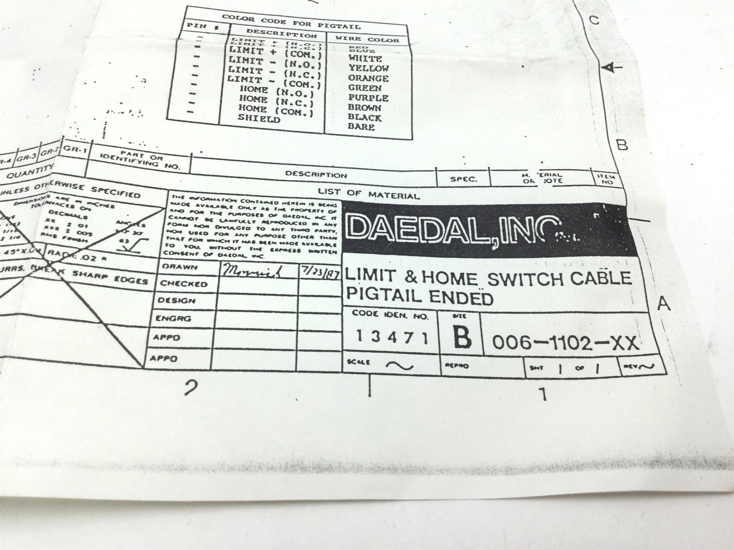 Used Parker Daedal B 006-1102-10 Limit & Home Switch Linear Actuator Cable, 10'