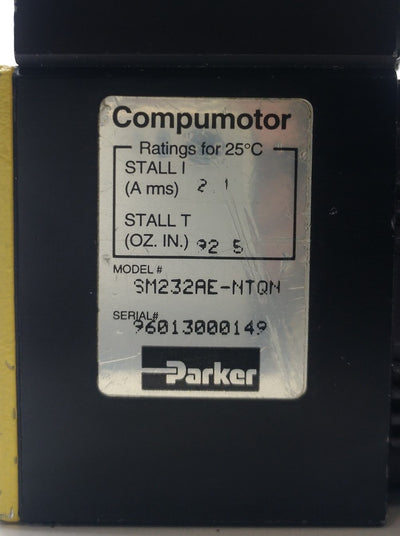 Used Parker SM232AE-NTQN Servo Motor, 3/8" Shaft, 92oz-in Torque, 340V 2.1A, NEMA 23