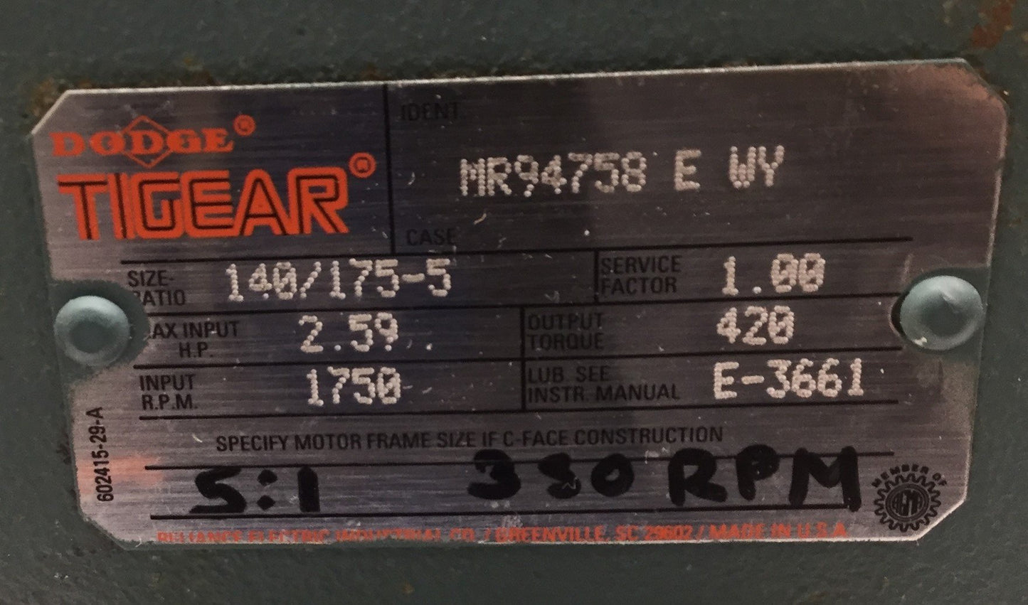 Used Dodge Tigear MR94750 E WY Worm 5:1 Gear Reducer, Torque 420 in-lbs, Input 2.59HP