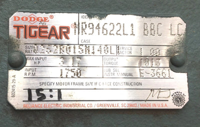 Used Dodge Tigear MR94622L1 BBC LC 15:1 Gear Reducer Torque: 1013in-lb Input: 3.17HP